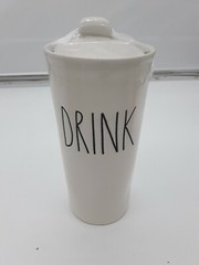 Rae Dunn by Magenta Ceramic Coffee Tea Travel Tumbler Tall Cream «DRINK» NEW