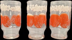 Anchor Hocking Footed Juice Glass Orange White Flowers 4″ Vintage 1960s Hi-Ball