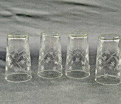 4 Etched Atomic Starburst Diamond Optic Juice Glasses 3 5/8″ H MCM EUC