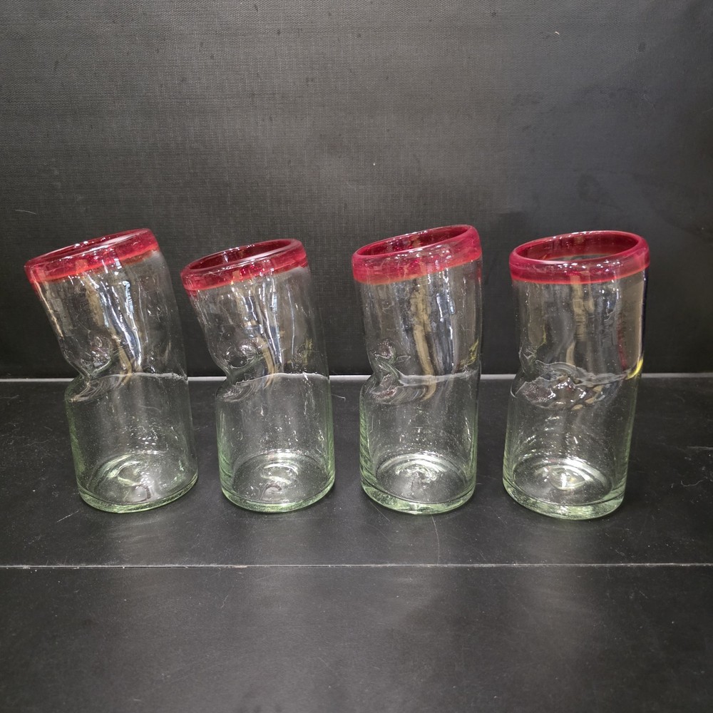 Set 4 Hand Blown Art Glass Tumblers Red Rim Twisted 7” Drinking Glass