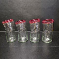 Set 4 Hand Blown Art Glass Tumblers Red Rim Twisted 7” Drinking Glass