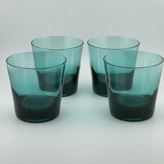 Set 4 Turquoise Teal Heavy Base Rocks Lowball Old Fashioned Glasses 3¼″ 70s Vtg