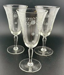 Vintage Etched Glass Wine Goblets Leaves/Circles Set of Three