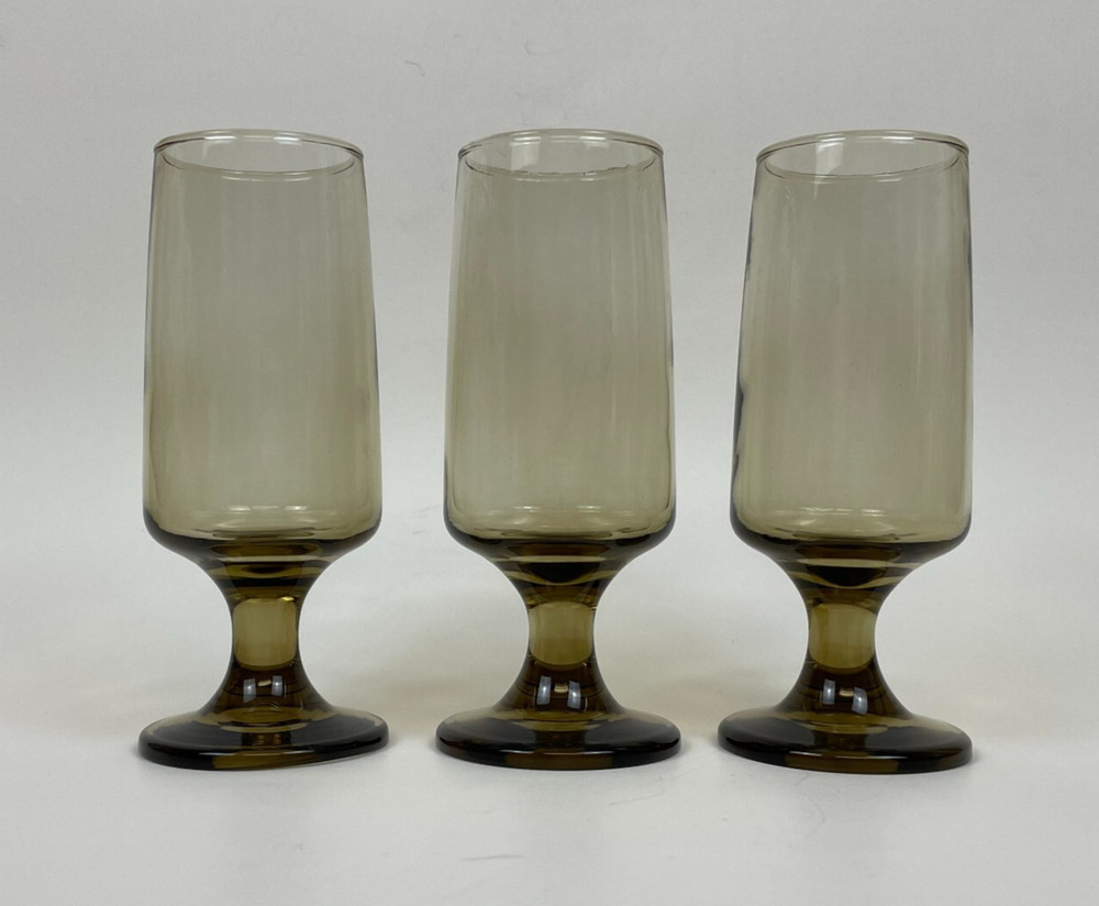 3 Vintage Accent by LIBBEY Tawny GLASS Footed Champagne Flute Smokey 5.5″