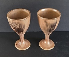 Pottery Stoneware Wine Glasses Brown Cream Drip Glaze Handmade Unsigned