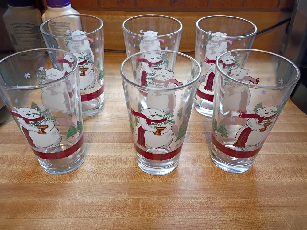 SET OF 6–PFALTZGRAFF / LIBBEY SNOW BEAR 14oz Drinking Glasses 5 3/4″ Tumblers