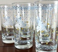 Set of 6 Vintage 1987 Anchor Hocking Goose 12oz Drinking Glasses Blue Bows