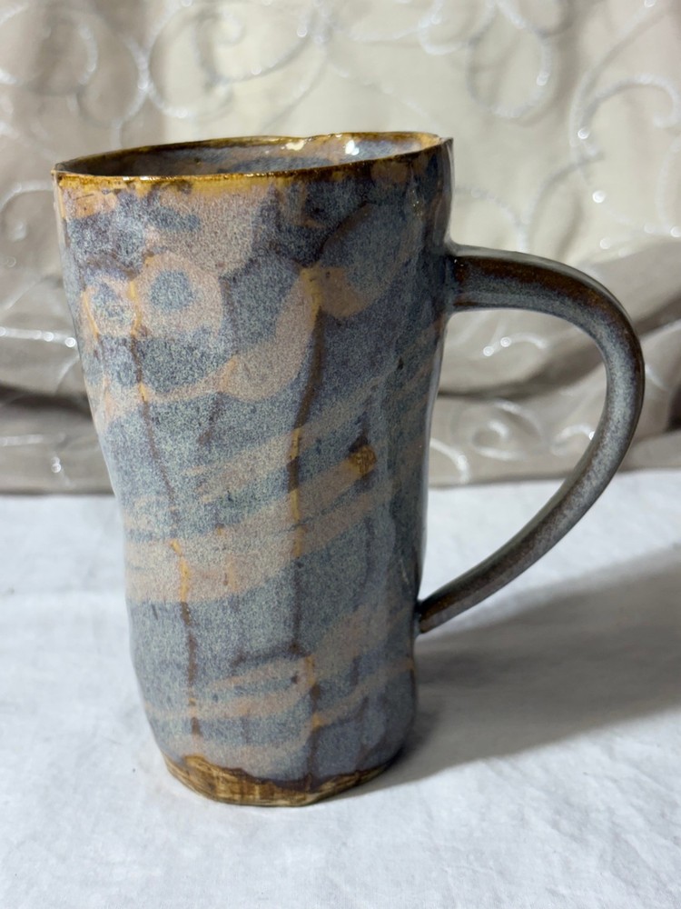 Vintage Signed Nunu Lab Pottery Faceted Mug Signed N Double Moon Slate Blue Grey