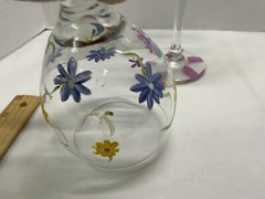 Hand Painted Clear Stemmed Goblets – Flowers & Dragonflies – 8.5” T – Preowned