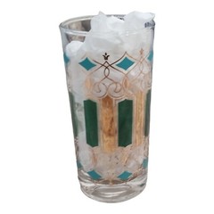MCM Highball Tumbler Turquoise Green Gold Pair Cathedral Fleur de Lis 2