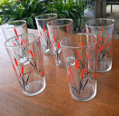 6 Hand Painted Cattail 3 3/4″ 4 oz. Water Glass Tumblers Original Vintage Lot