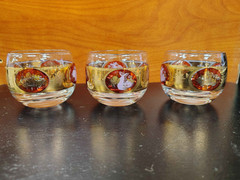 Set of 3 VTG CERA Gold Purple Pear Fruit MCM Barware 5oz Bourbon Whiskey Glasses