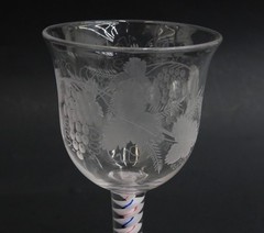 English Georgian Air Twist Glass Wine Glass Goblet, 19th Century. Etched Grapes