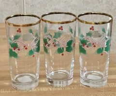 3 Mikasa Ribbon Holly Highball Glasses 6″ Gold Rim Christmas 15 OZ NEAR MINT