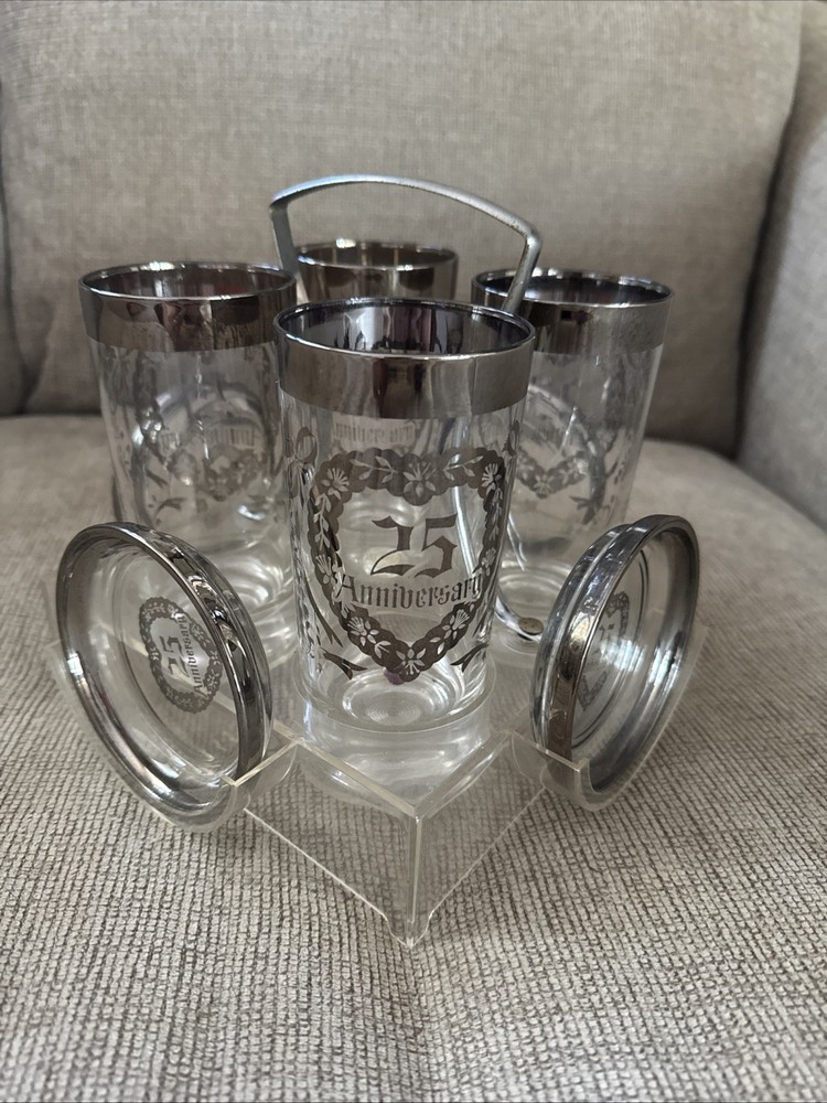 Vintage KIMIKO MCM 25th Anniversary Glass Set With Caddy