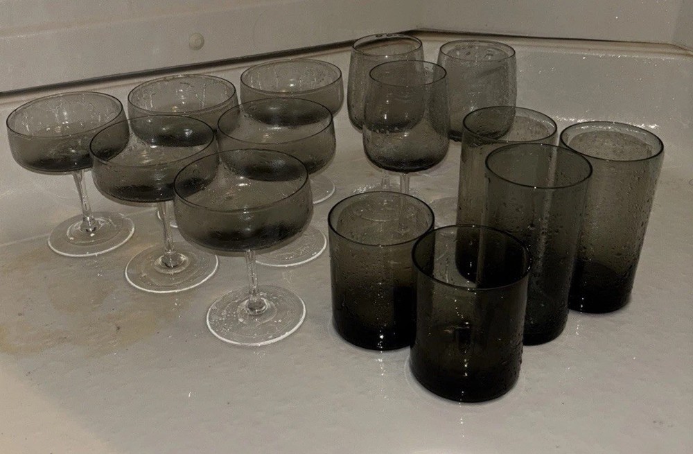 MID CENTURY ORREFORS RHAPSODY SMOKE PALMQVIST SET OF 14 WATER GOBLETS