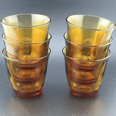 Vereco France Mid Century Honey Amber Ombre Etched Floral Glass Tumbler 4” Vtg