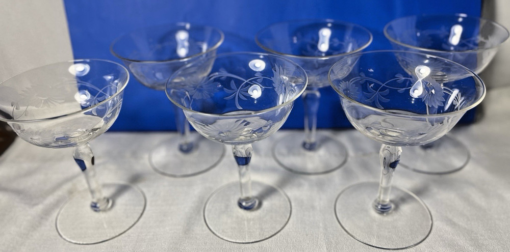 Vtg Set of Six Crystal Wine Goblets, Etched with Flowers Daisy Sunflower