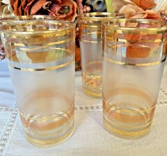 Vintage MCM Peach and Gold Striped Glasses Set of 4 Mid-Century Modern Barware