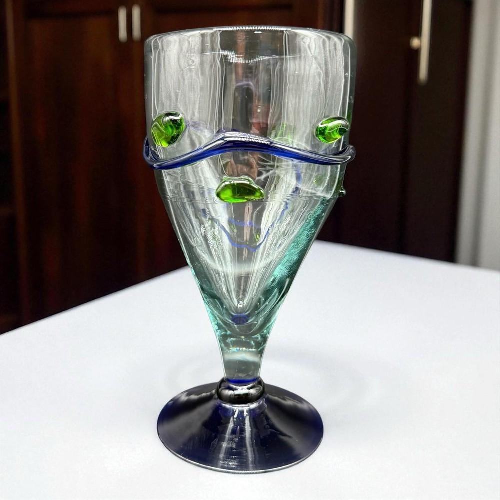Vintage Hand Blown Art Glass Cobalt Blue & Green Applied Swirl Dot Wine Goblet