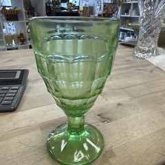 Vintage Hazel Atlas Colonial Block Optic Vaseline Glass Water Goblet – Glows!