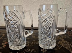 2 Large 7″ Bohemian Crystal Cut Clear Glass Mug Pair Vase Handles 1.75 Lbs Each!