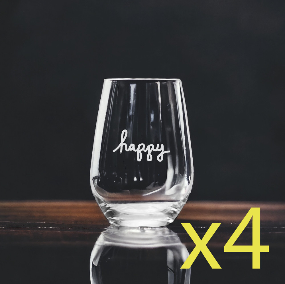 Happy Stemless Wine Glasses x4 Premium 15 Oz Personalize Quote Life Positive NEW