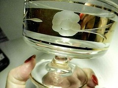 4 Bohemian Crystal Flower Etched Gold Band Footed Sherbet/Champagne Glasses-Vtg