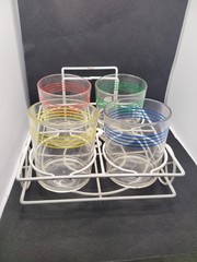Vintage 4 Glass Tumblers With White Metal Caddy Red Blue Green Yellow Stripes