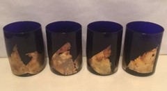 4 Vintage Randy Strong Handblown Rocks Cocktail Glasses Cobalt Blue Gold Leaf