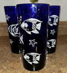 Set of 3 Vintage Cobalt Blue Glass CULVER Angel Fish Ice Tea Tumbler