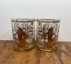 Culver Egyptian Pharaoh Double Old Fashioned Glasses Set of 2 with 22K Gold