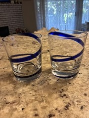 Pier 1 Cobalt Blue Swirline Lowball Old Fashion Glasses Set of 2