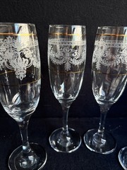 4 Vtg Pasabahce Duchess Crystal Champagne Flutes White Floral Etching Gold Band