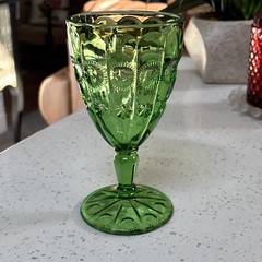 Vintage Fenton/Wright Priscilla Green 6 in Glass Goblet Water Glass Oval & Star