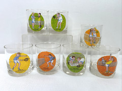 Lot of 7 Tennis Terms Cartoon 10 Oz Rocks Glasses Vintage 1970s VGUC Barware