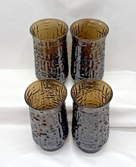 Vintage Smoke Brown Bark Textured Juice Glasses Set of 4 MCM Flared Tumbler 5.5”