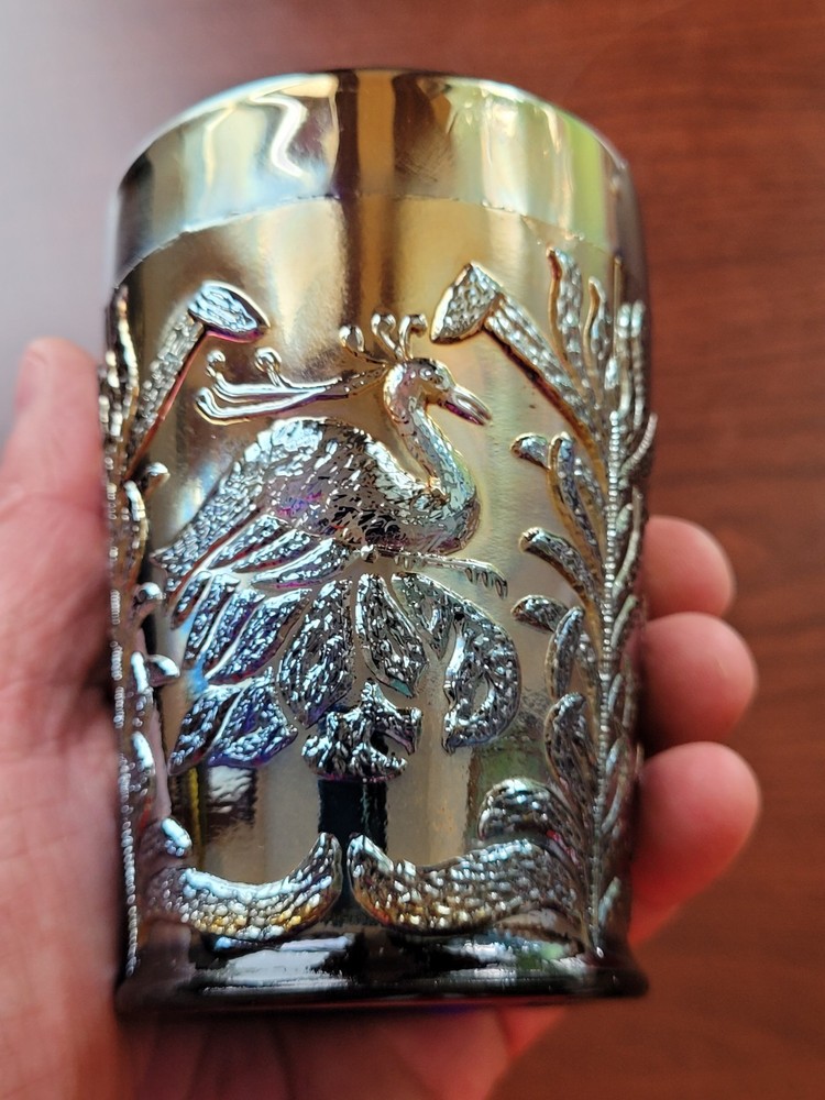 Silvery Bue Fenton Carnival Glass Fluffy Peacock Pattern Tumbler