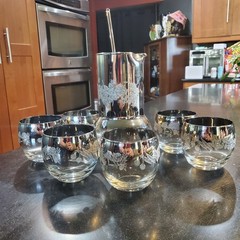 Vitreon Queens Lusterware Silver Fade Pitcher Set Swizzle Stick 6 Roly Poly Etch
