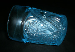 EAPG Paden City Etta Pattern Glass Tumbler Glasses 2 Blue 1 Amber Circa 1918
