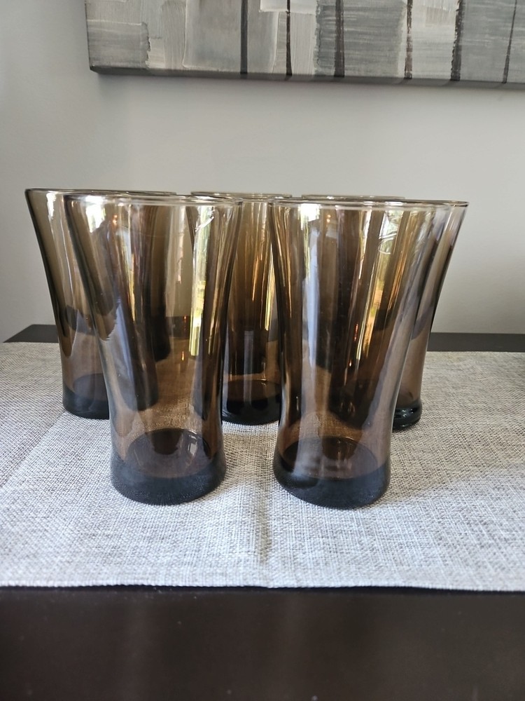 Anchor Hocking Linden Tawny Mocha Brown Set of 8 Glass Tumblers 17 oz VTG 70’s