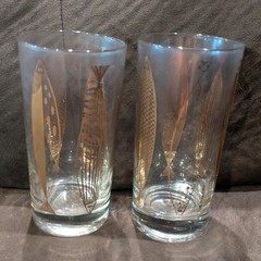 Vintage Fred Press Gold Fish Design High Ball Glasses Mid Century Atomic