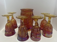 VTG Indiana Heirloom Cadmium Glass Amberina Iridescent Pitcher&6 Goblets Set EUC