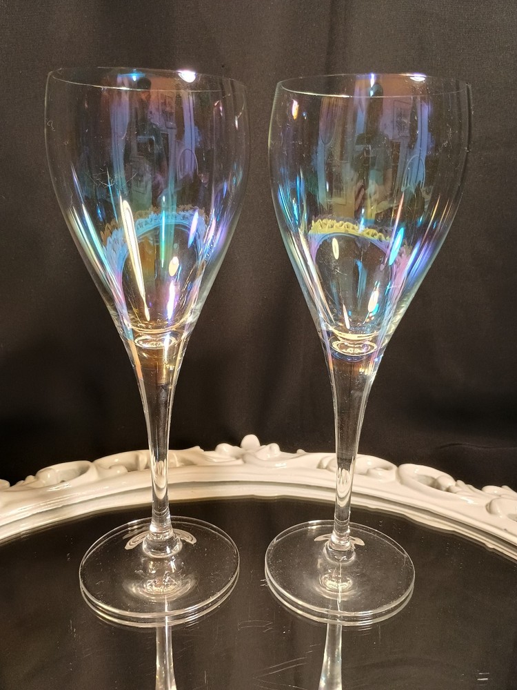 2 Bohemia Crystalex Tulip Shape Iridescent Luster Wine Glasses Goblets Pair Set