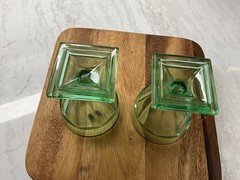 Set of 2 Vintage Green Depression Glass Custard Cups Footed Square