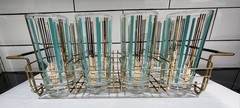 Set of 6 VTG Frank Maietta High Ball Glasses With Tray, Gold & Teal – RARE MINT
