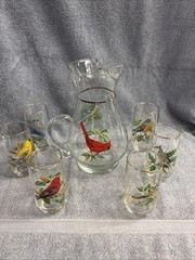 West Virginia Glass Co AMERICAN SONG BIRDS Pitcher & 6 Bird Drinking Glasses