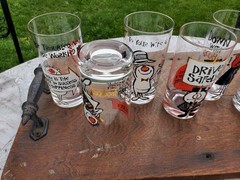 Vtg Mid Century Barware Glasses Characters & Phrases Set of 7 Highball