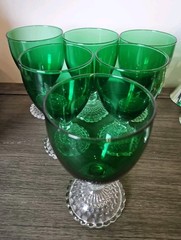 6 VTG Anchor Hocking Forest Green Clear Bubble Footed Water/Wine Goblet Glasses