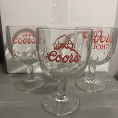 3 Vintage 1970’s? Coors Beer Glass Footed Stem Goblets Thumbprint Red Logo